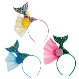 48 Wholesale Mermaid Headband W/tulle& Glitter Shell 3ast Colors Blue/pink/green TiE-On Card