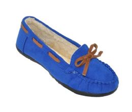 18 Pairs Children's Moccasin Slippers With Faux Fur Lining In Blue - Girls Slippers
