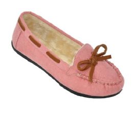 18 Pairs Children's Moccasin Slippers W/ith Faux Fur Lining In Pink - Girls Slippers