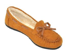 18 Pairs Children's Moccasin Slippers With Faux Fur Lining In Camel - Girls Slippers