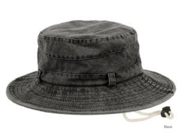 12 Wholesale Washed Cotton Outdoor Bucket Hats With Chin Cord Strap Color Black