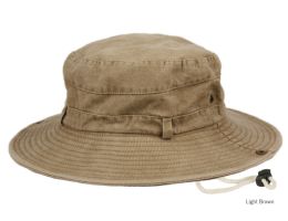 12 Pieces 100% Washed Cotton Outdoor Bucket Hats With Chin Cord Strap Color Brown - Bucket Hats