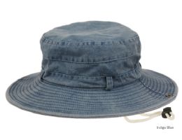 12 Pieces Washed Cotton Outdoor Bucket Hats With Chin Cord Strap Color Indigo Blue - Bucket Hats