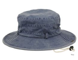 12 Pieces Washed Cotton Outdoor Bucket Hats W/chin Cord Strap Color Navy - Bucket Hats