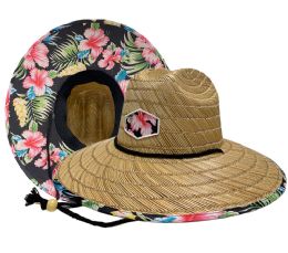 6 Wholesale Lifguard Wide Brim Straw Fedora With Fabric Back Brim And Edge Color Black Flowery
