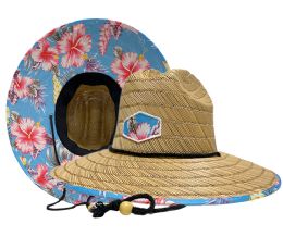 6 Wholesale Lifguard Wide Brim Straw Fedora With Fabric Back Brim And Edge Color Blue Flowery
