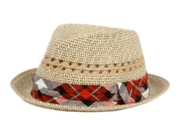 12 Wholesale Kids Paper Straw Fedora Hats With Fabric Band