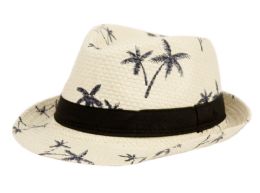 12 Wholesale Kids Paper Straw Fedora Hats With Palm Tree Print