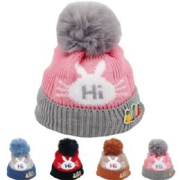 24 Wholesale Kid's Bunny "hi" Winter Hat