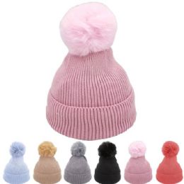 24 Bulk Kid's Fuzzy Pompom Winter Hat