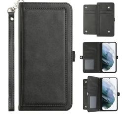12 Wholesale Premium Pu Leather Folio Wallet Front Cover Case With Card Holder Slots And Wrist Strap For Samsung Galaxy S22 5g In Black