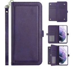 12 Wholesale Premium Pu Leather Folio Wallet Front Cover Case With Card Holder Slots And Wrist Strap For Samsung Galaxy S22 5g In Purple