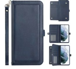 12 Wholesale Premium Pu Leather Folio Wallet Front Cover Case With Card Holder Slots And Wrist Strap For Samsung Galaxy S22 5g In Navy Blue