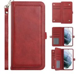 12 Wholesale Premium Pu Leather Folio Wallet Front Cover Case With Card Holder Slots And Wrist Strap For Samsung Galaxy S22 5g In Red
