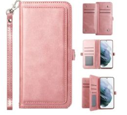 12 Wholesale Premium Pu Leather Folio Wallet Front Cover Case With Card Holder Slots And Wrist Strap For Samsung Galaxy S22 5g In Rose Gold