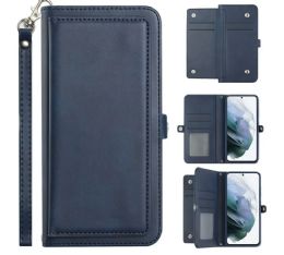12 Wholesale Premium Pu Leather Folio Wallet Front Cover Case With Card Holder Slots And Wrist Strap For Samsung Galaxy S22 Ultra 5g In Navy Blue