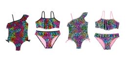 24 Wholesale Girl's High Fashion One & TwO-Piece Rainbow Swimsuits W/ Cheetah Print - Sizes 7-16