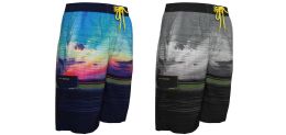 24 of Men's High Fashion 4-Way Swim Trunks W/ Beach Sunset Print - Sizes SmalL-2xl