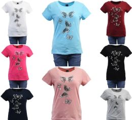 24 Wholesale Womens Cotton Rhinestone Butterfly Print T-Shirt Size L / xl