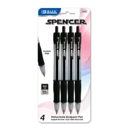 24 Bulk Spencer Black Retractable Pen W/ Cushion Grip (4/pack)