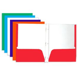 48 Wholesale Laminated Bright Glossy Color 2-Pocket Portfolios W/ 3-Prong Fastener