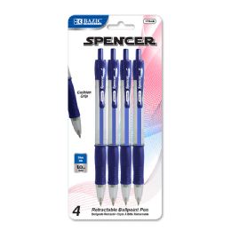 24 Wholesale Spencer Blue Retractable Pen W/ Cushion Grip (4/pack)
