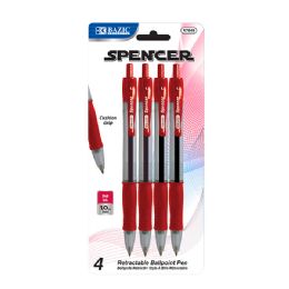 24 Bulk Spencer Red Retractable Pen W/ Cushion Grip (4/pack)