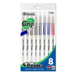 24 Wholesale Prima Assorted Color Stick Pen W/ Cushion Grip (8/pack)