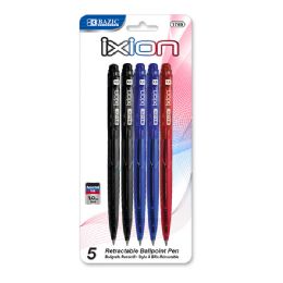 24 Wholesale Ixion Assorted Color Retractable Pen (5/pack)