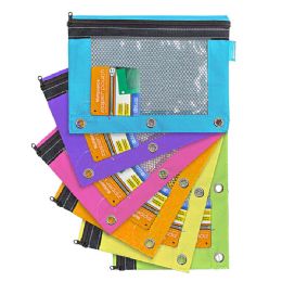 24 Wholesale Bright Color 3-Ring Pencil Pouch W/ Mesh Window