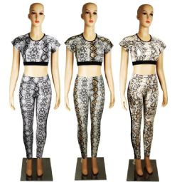 72 Wholesale Women Snakeskin Crop Top Leggings Set Assorted Colors Size Assorted S/ M & L /xl