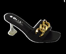 12 Wholesale Womens Low Kitten Heel Mules Gold Chain Open Peep Toe Slip On In Black