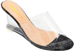 12 Wholesale Women's Clear Wedge Sandals Open Toe Slip On Mule Lucite Heel Dress Shoes In Black