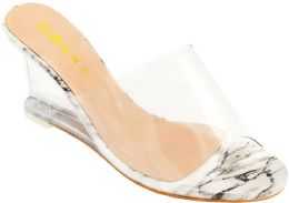 12 Wholesale Women's Clear Wedge Sandals Open Toe Slip On Mule Lucite Heel Dress Shoes In White