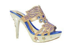 12 Wholesale Women's Wedding Dress Party And Evening Stiletto Heeled Sandals Rhinestone In Blue