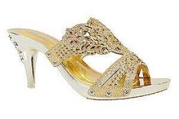 12 Wholesale Women's Open Toe Stiletto Heel Rhinestone Mules Sandals In Gold