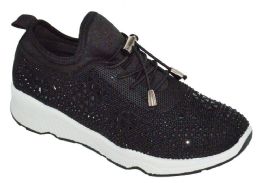 12 Wholesale Womens Sneakers Breathable Trainers Lace Up Fashion Rhinestone Mesh Running Shoes In Black