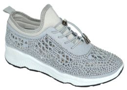 12 Wholesale Womens Sneakers Breathable Trainers Lace Up Fashion Rhinestone Mesh Running Shoes In Grey