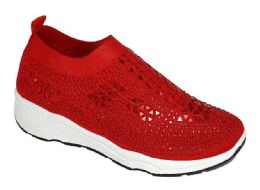 12 Wholesale Womens Sneakers Breathable Trainers Fashion Rhinestone Mesh Running Shoes Slip On Lightweight Comfortable In Red