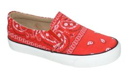 12 Wholesale Women's Classic Closed Toe Slip On Low Top Fashion Sneaker Casual Loafer In Red