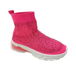 12 Wholesale Women's Walking Athletic Shoes Breathable Knit Slip On Sneakers In Hot Pink
