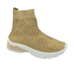 12 Wholesale Women's Walking Athletic Shoes Breathable Knit Slip On Sneakers In Gold