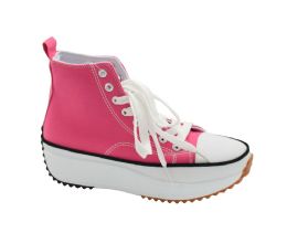 12 Wholesale Womens Mid Top Canvas Lace Up Sneakers In Fuschia
