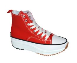 12 Wholesale Womens Mid Top Canvas Lace Up Sneakers In Red