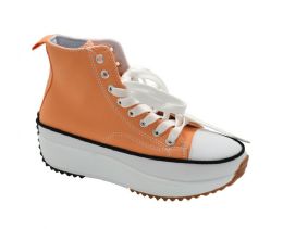 12 Wholesale Womens Mid Top Canvas Lace Up Sneakers In Orange