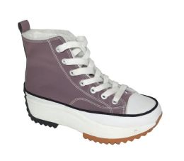 12 Wholesale Womens Mid Top Canvas Lace Up Sneakers With Thick Sole In Dark Pink