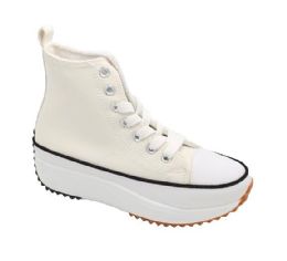 12 Wholesale Womens Mid Top Canvas Lace Up Sneakers With Thick Sole In White
