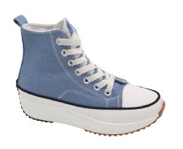 12 Wholesale Womens Mid Top Canvas Lace Up Sneakers With Thick Sole In Blue