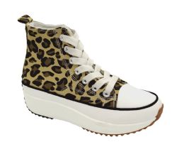 12 Pairs Womens Mid Top Canvas Lace Up Sneakers With Thick Sole In Leopard Print - Women's Sneakers