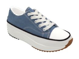 12 Pairs Womens Low Top Wedge Canvas Lace Up Sneakers In Blue - Women's Sneakers